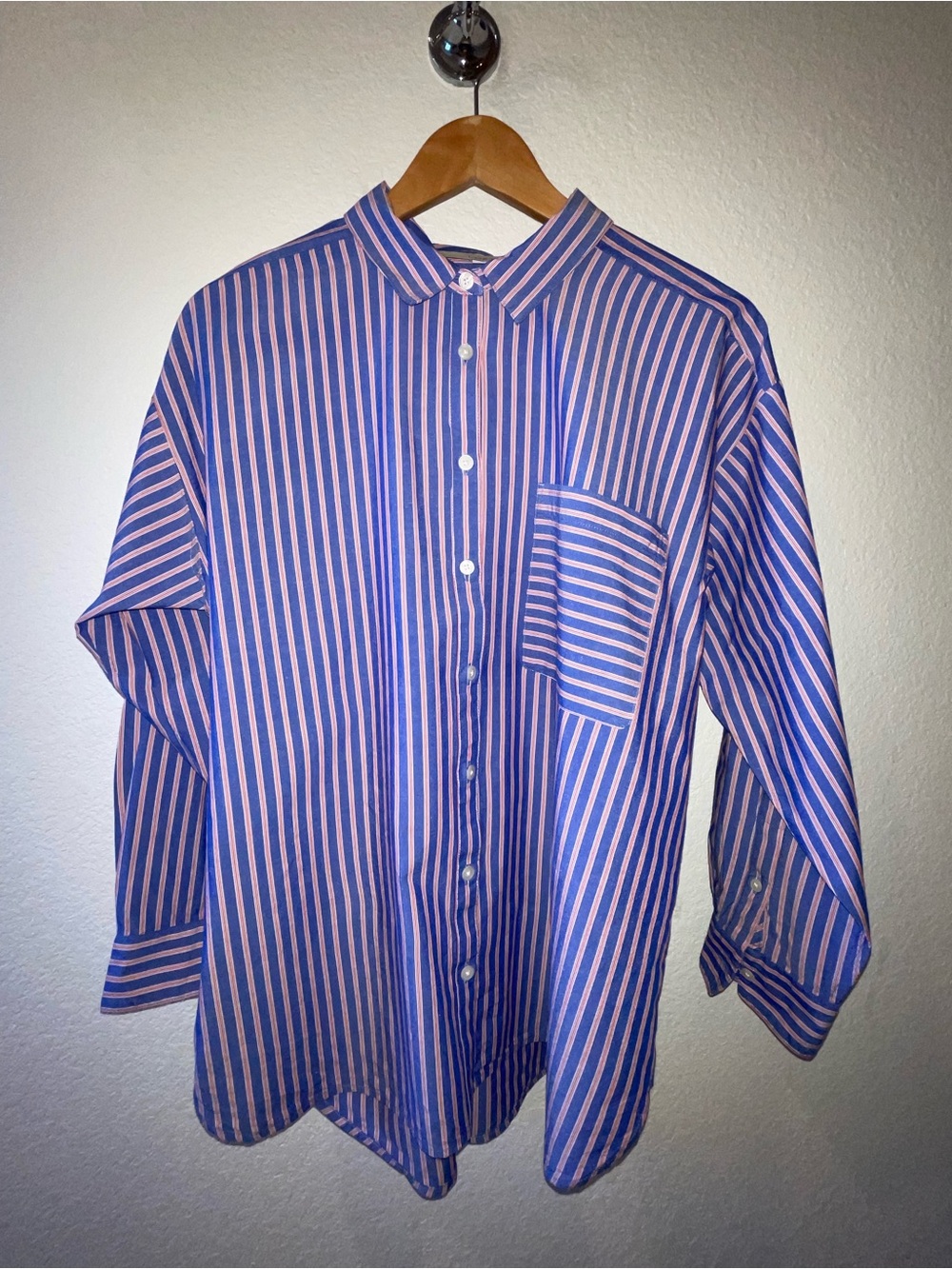 LOFT Petite Royal Blue Striped Button-Down Oversized Pocket Shirt, Large